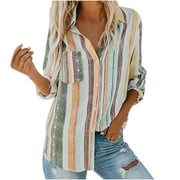 Deals LYXSSBYX V Neck Hot Sale Clearance Striped Roll Up Sleeve Button Down Womens Tops Shirts for Womens Fashion Blouses Tops With Pocket Loose Shirt
